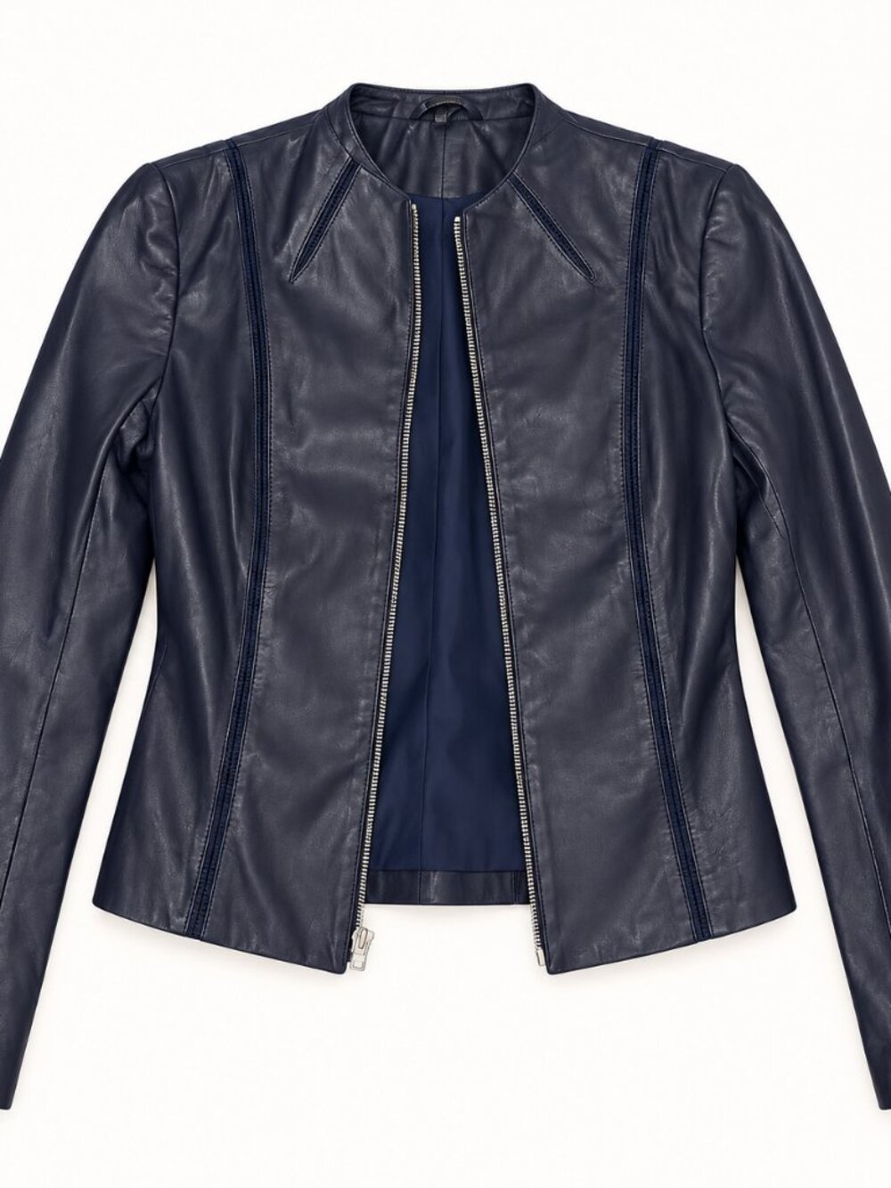 David Meister Dark Navy Lambskin Leather Jacket Size S
